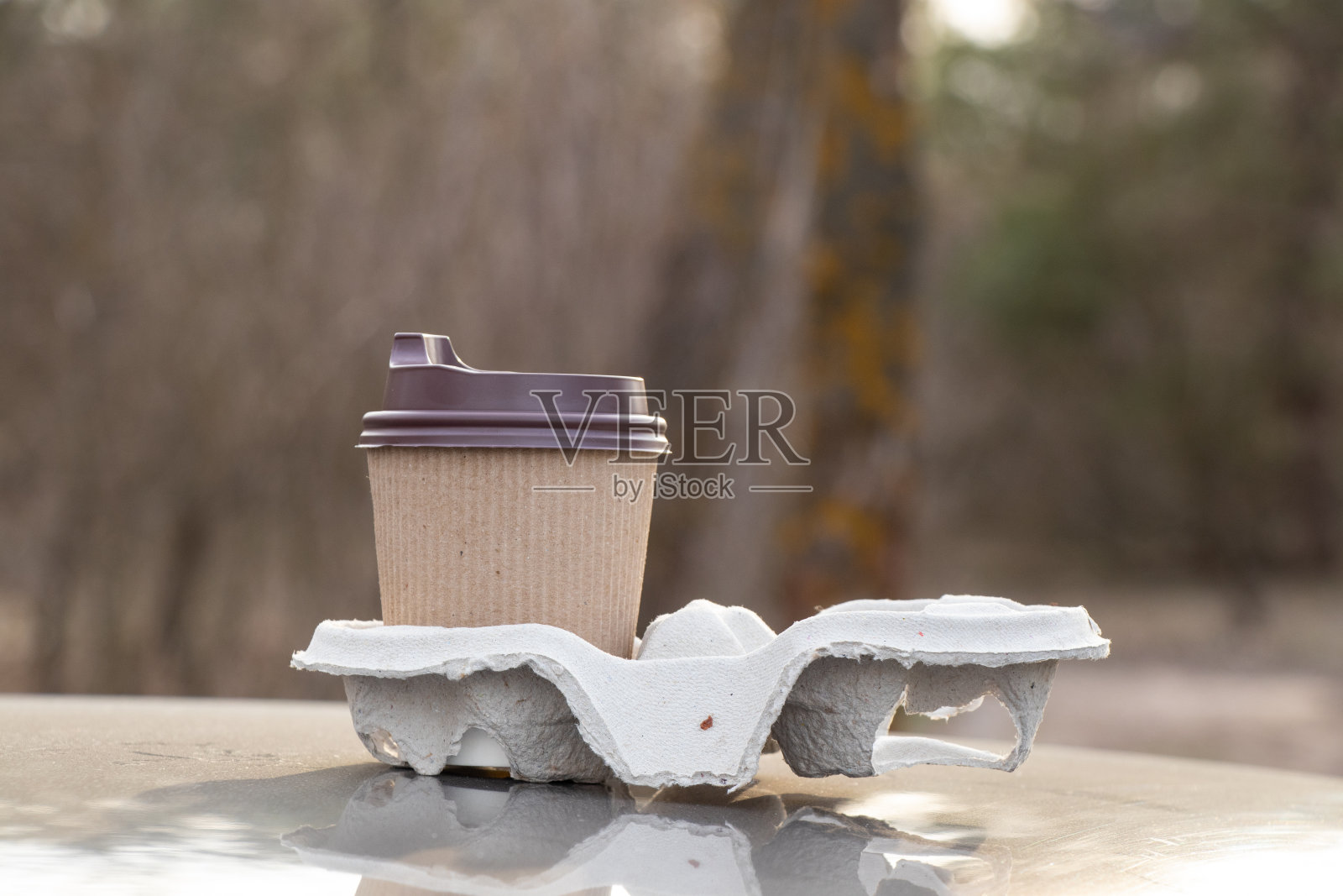 阳光明媚的一天,棕色的咖啡杯矗立在森林里照片摄影图片