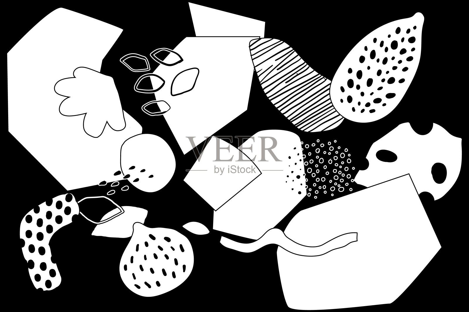 涂鸦形状图案。黑白背景。几何和有机形式,手绘孤立的元素。花贴花。简单的创意现代装饰。矢量当代插图插画图片素材