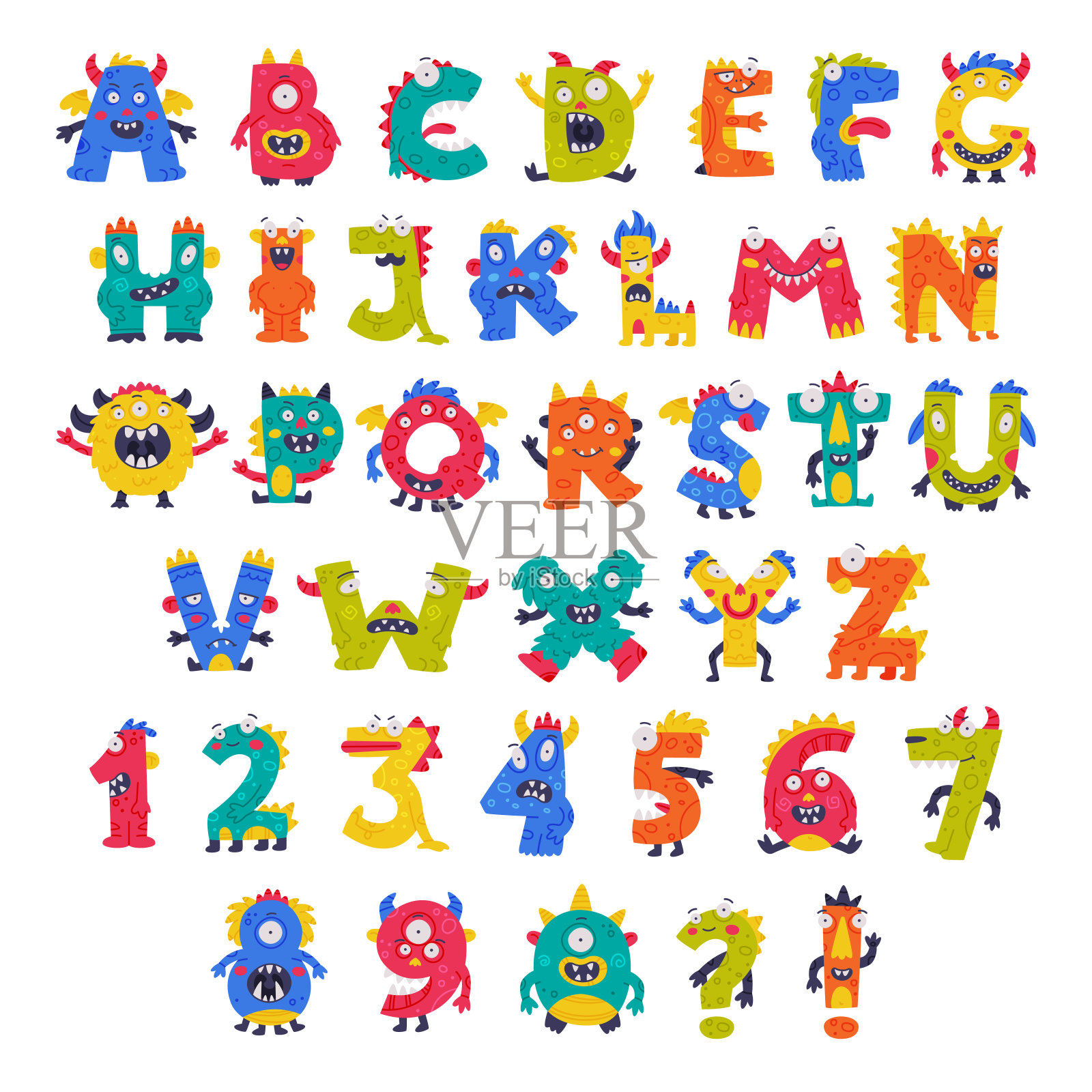 怪物字母表可爱的Abc大写字母和数字矢量集插画图片素材