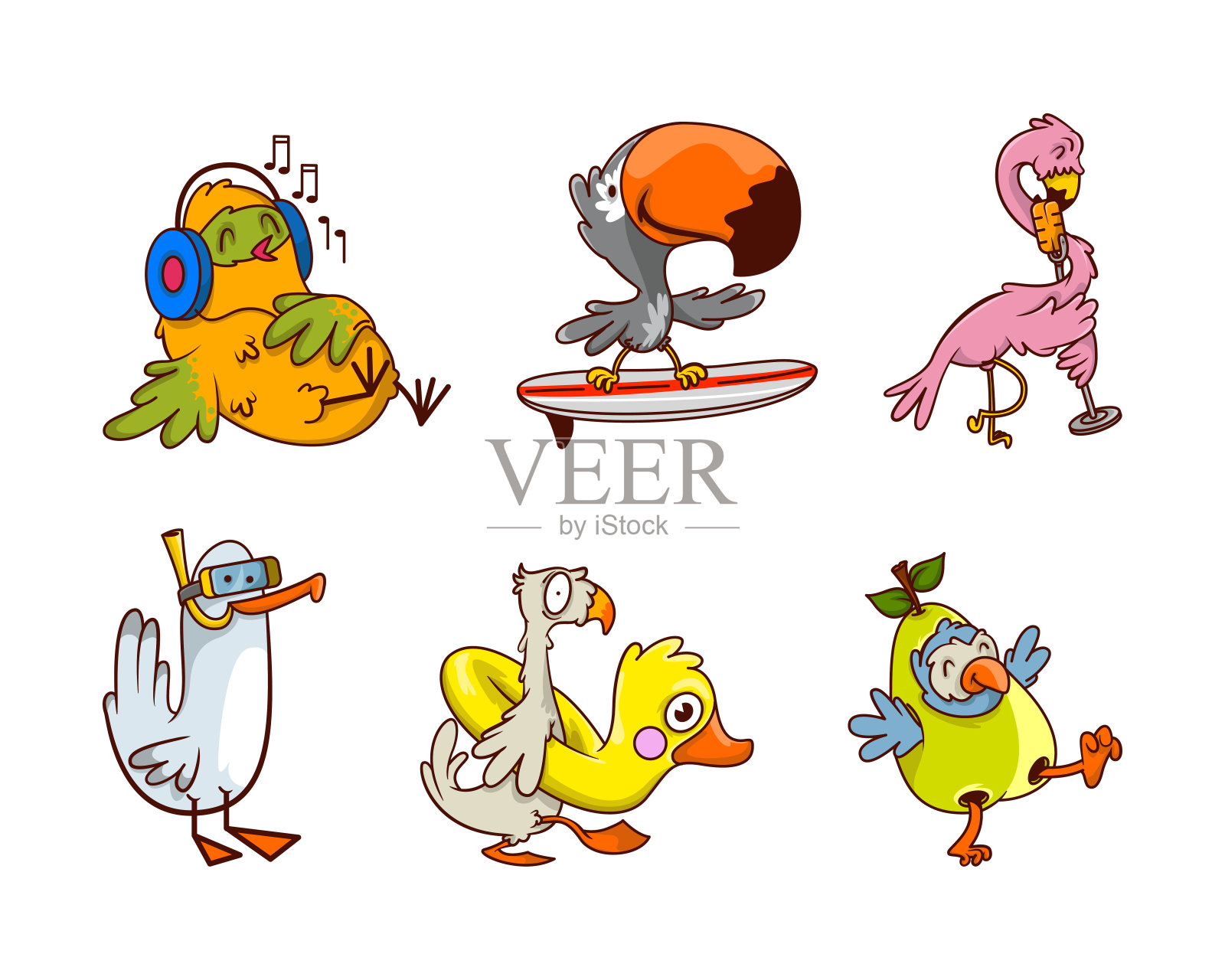 有趣的人性化的鸟字符听音乐与耳机,与浮潜管,冲浪,唱歌和携带橡胶圈矢量集插画图片素材