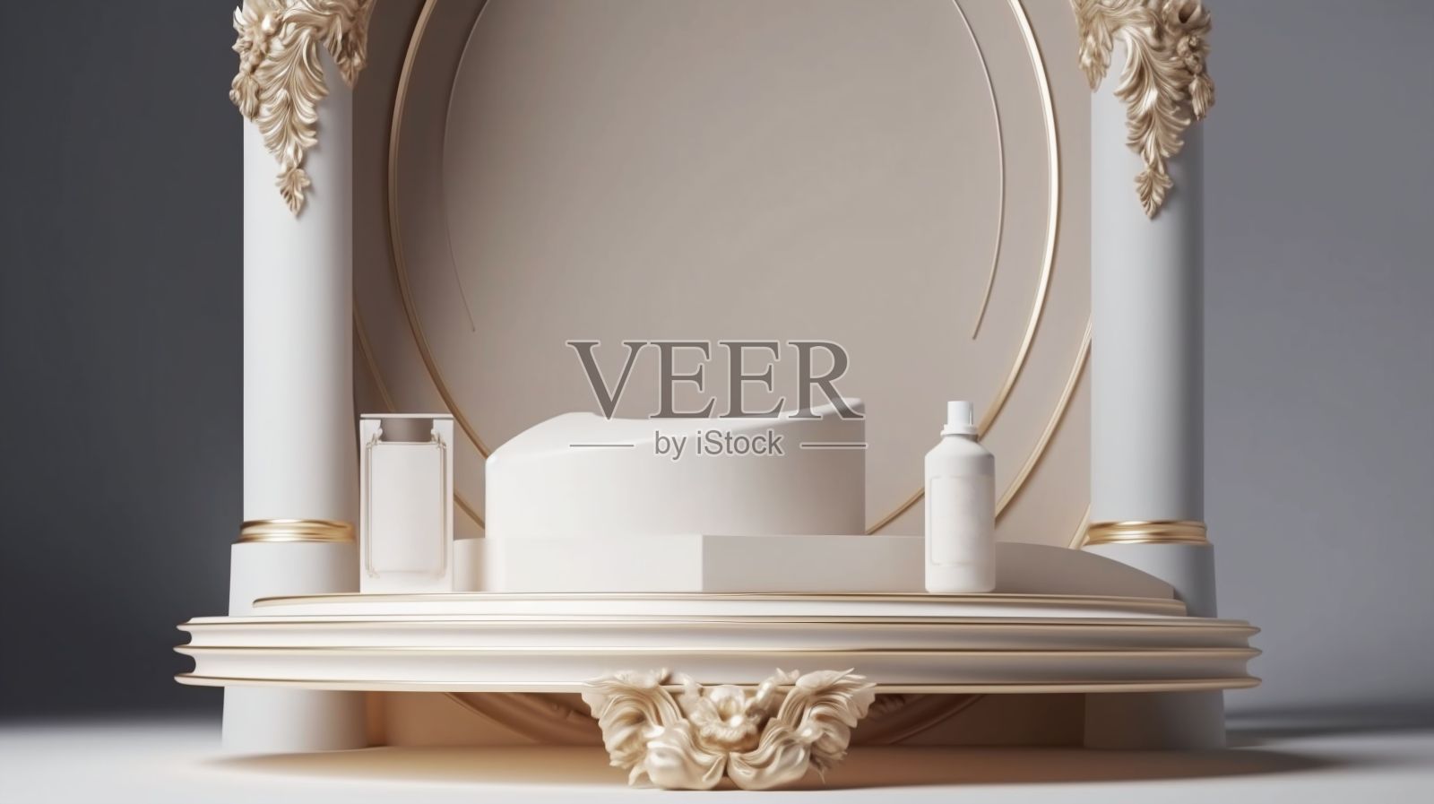 美丽的化妆品背景巴洛克裙台风格的产品3d渲染- Ai生成照片摄影图片