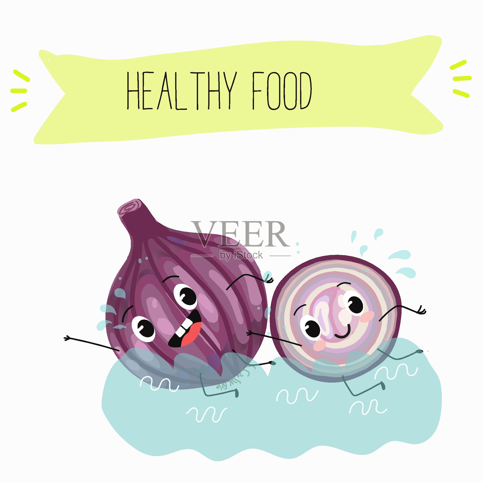 插图与有趣的卡通人物紫色洋葱,切洋葱,球茎,半洋葱,马德兰洋葱有趣和健康的食品。维生素,可爱的脸食物,配料,素食,矢量卡通。插画图片素材