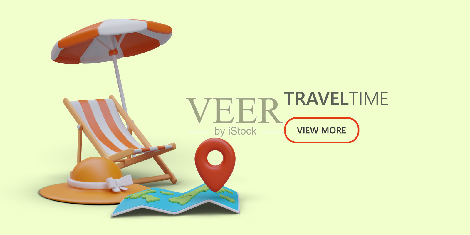 3d逼真的卡通日光浴床,遮阳伞,帽子和地图。旅游网页海报插画图片素材