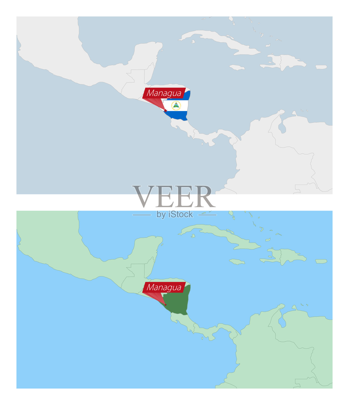 带有国家首都别针的尼加拉瓜地图。两种尼加拉瓜与邻国的地图。插画图片素材