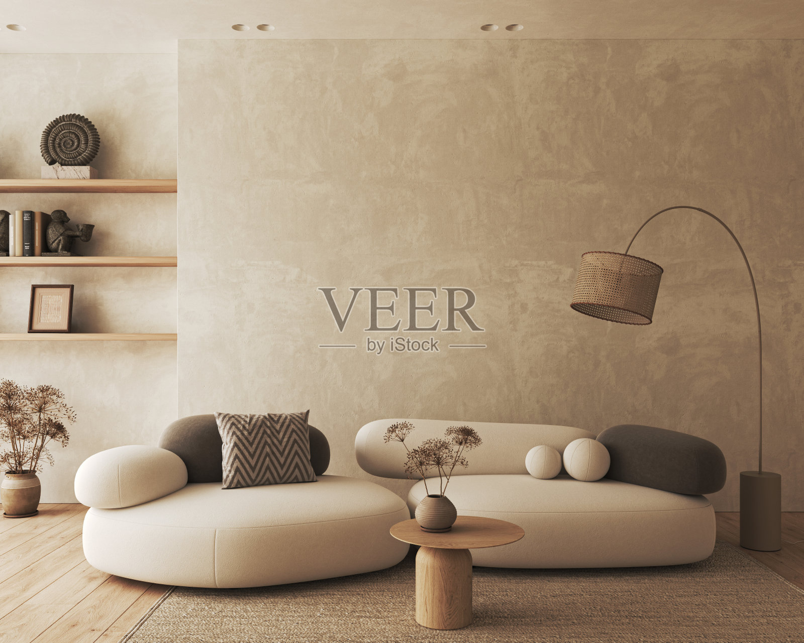 现代经典的白色米色室内与货架,干燥的植物和大灯。空墙模型。3 d渲染。高质量3d插图照片摄影图片