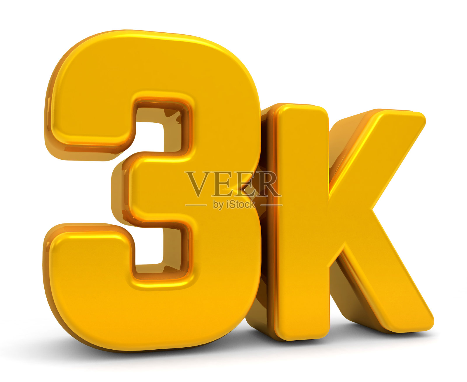 金色3K被隔离在白色背景上。3 k 3 d。谢谢你的3000个粉丝。三维渲染照片摄影图片