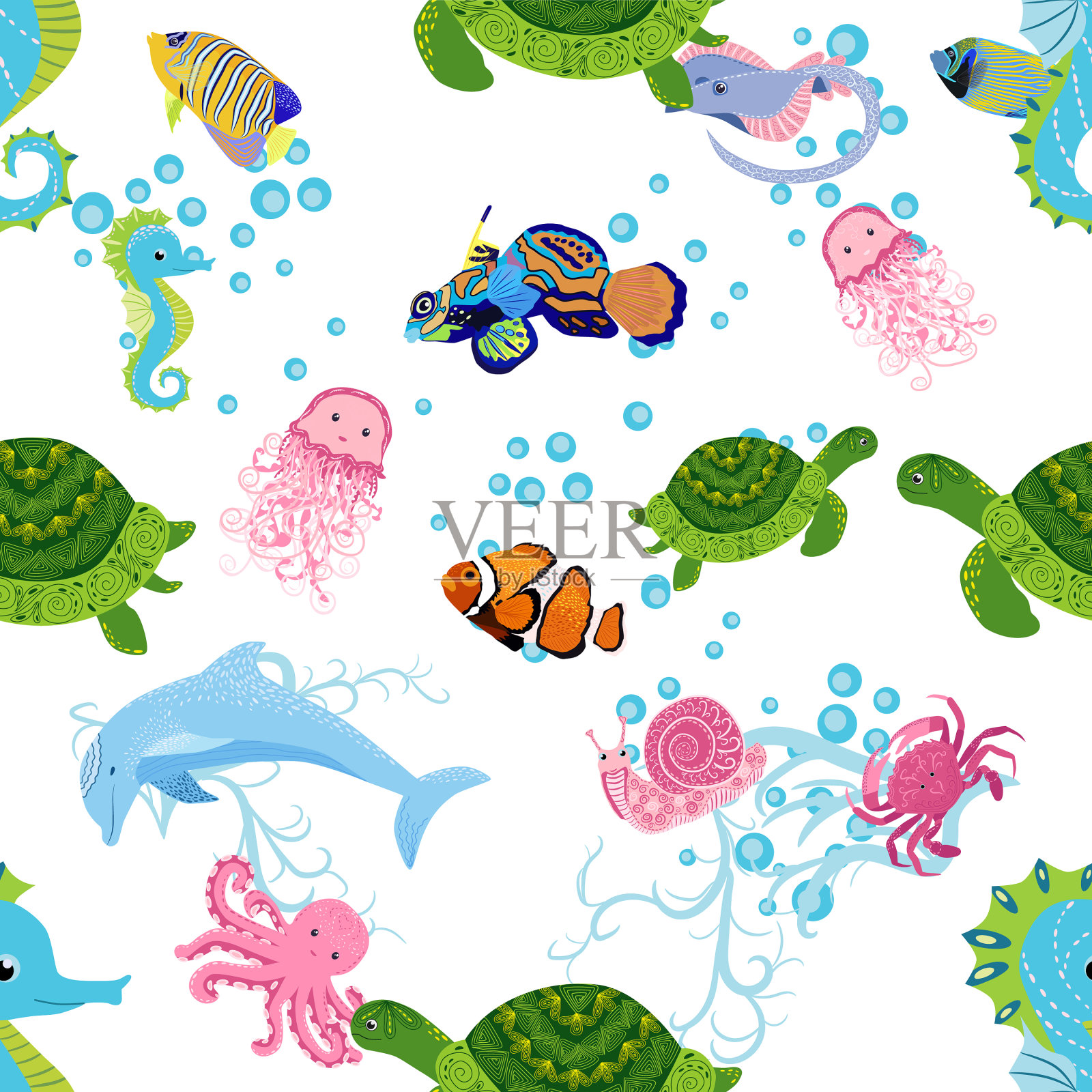 海洋生命鱼动物明亮无缝图案插画图片素材