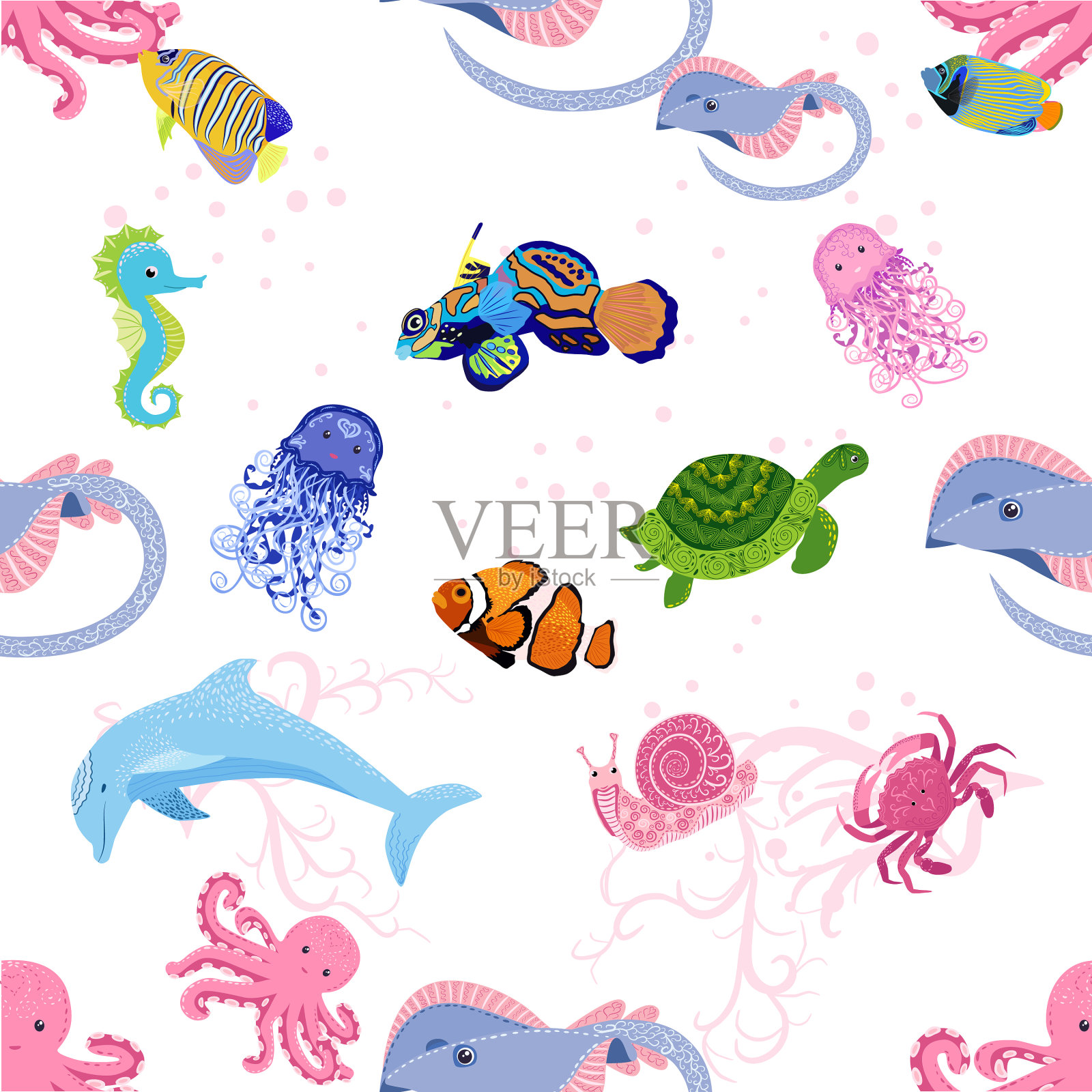 海洋生命鱼动物明亮无缝图案插画图片素材