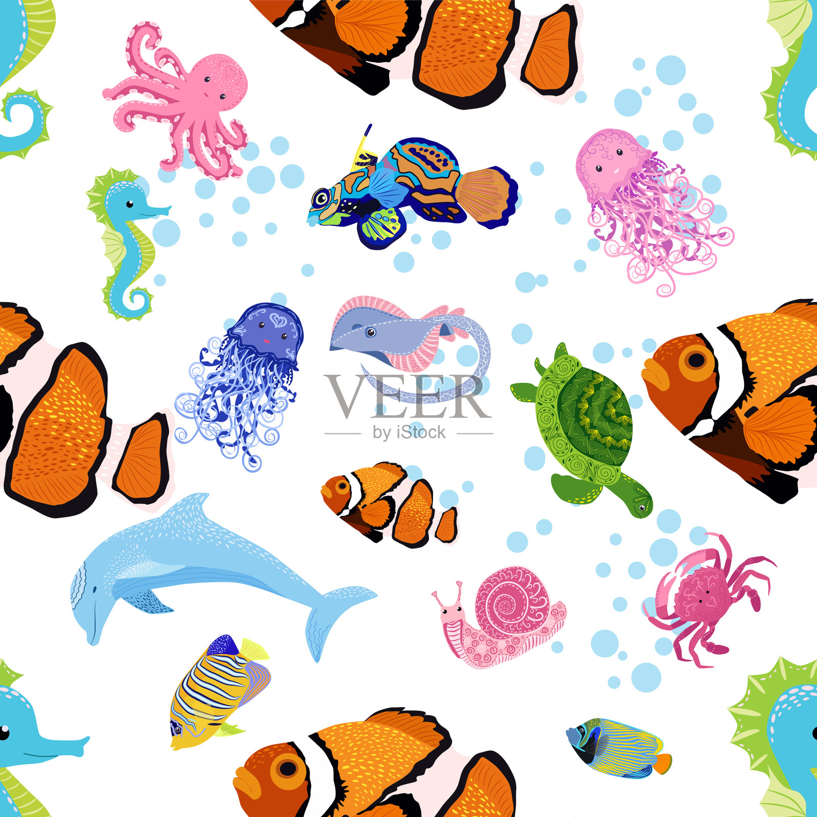 海洋生命鱼动物明亮无缝图案插画图片素材