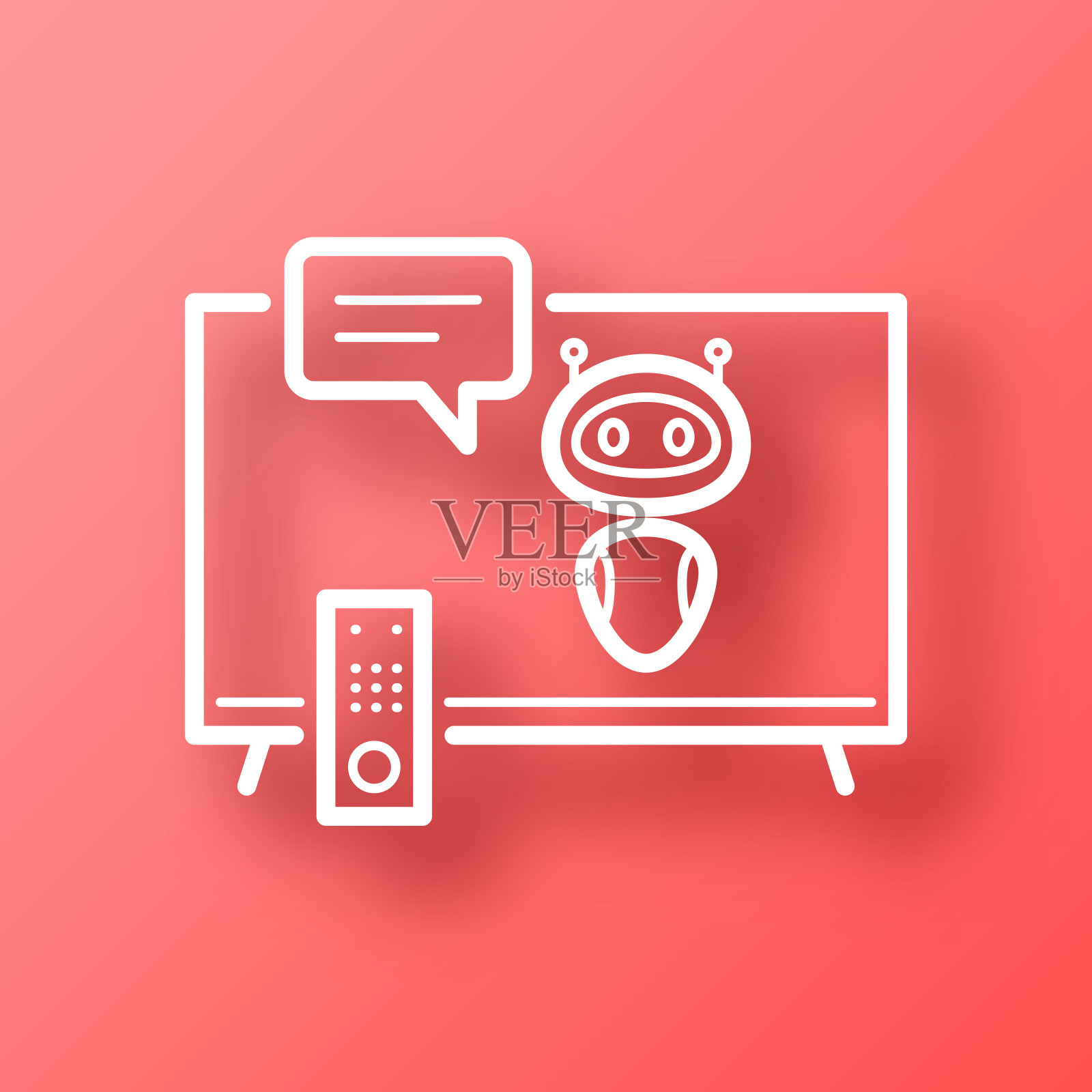 用聊天机器人看电视。图标在红色背景与阴影插画图片素材