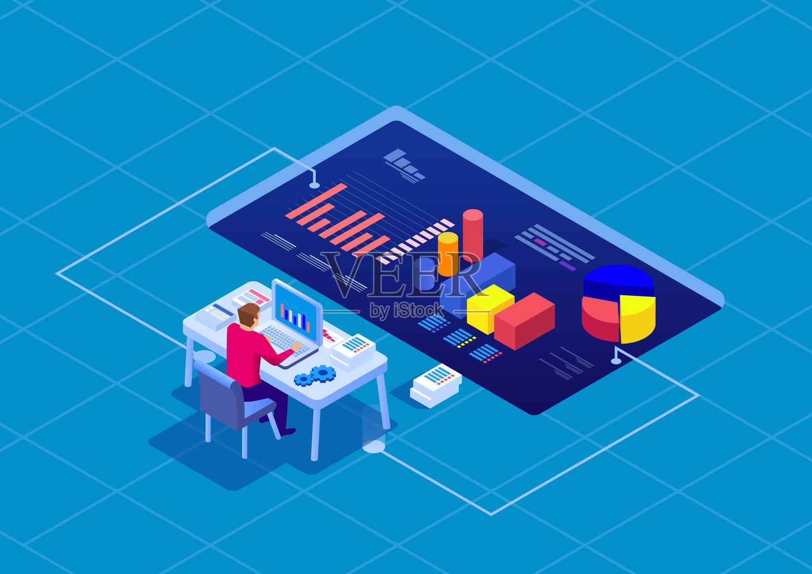 商人坐着用电脑分析数据,管理公司财务插画图片素材