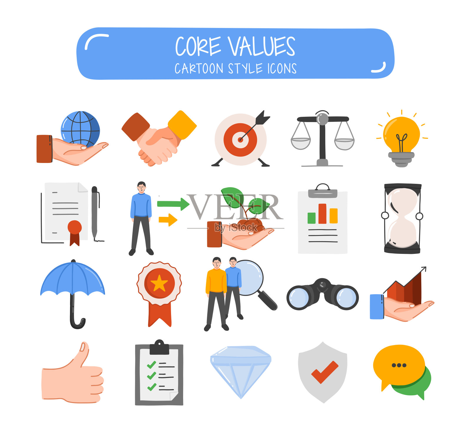 核心价值相关的对象和元素。手绘卡通风格矢量插图集合。手绘图标设置。插画图片素材