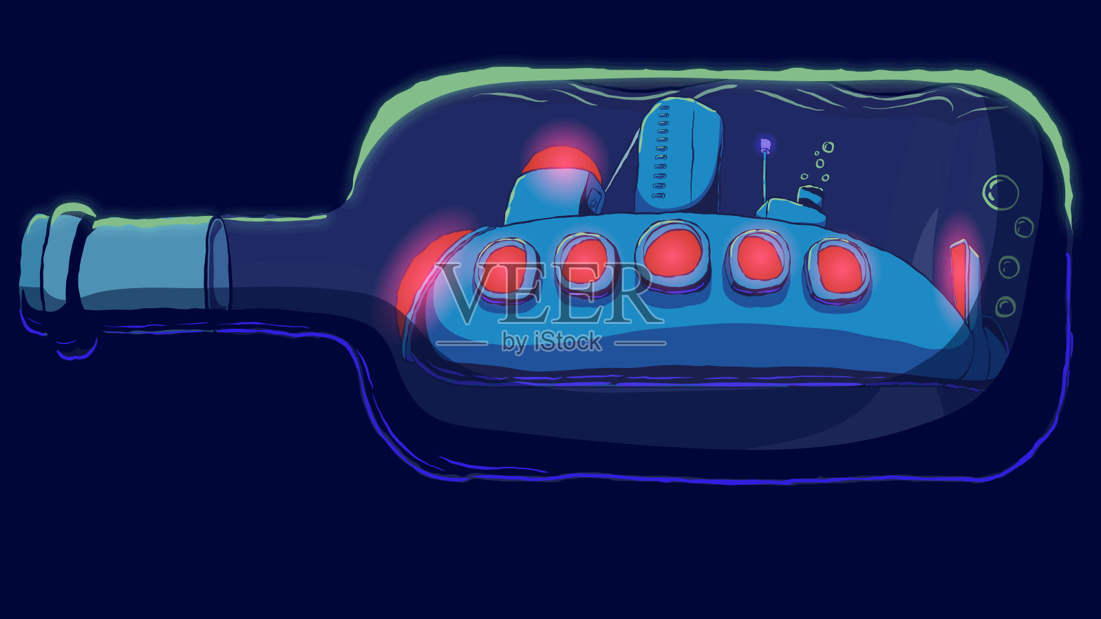 手绘矢量插图-潜水艇在一个瓶子。插画图片素材