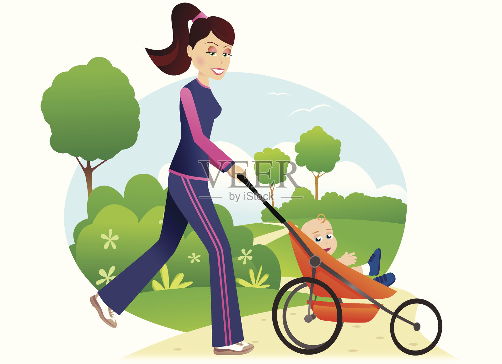 在公园里推着婴儿车慢跑的女人设计元素图片