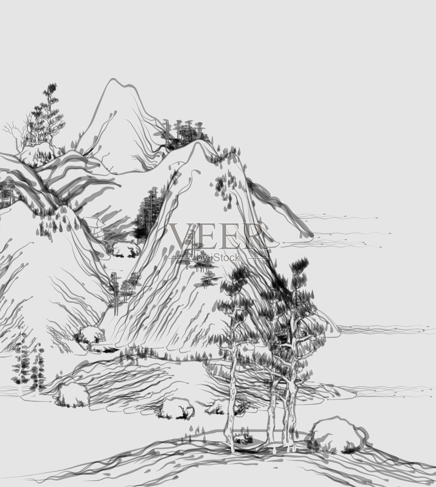 中国传统山水画艺术插画,山树流水插画图片素材