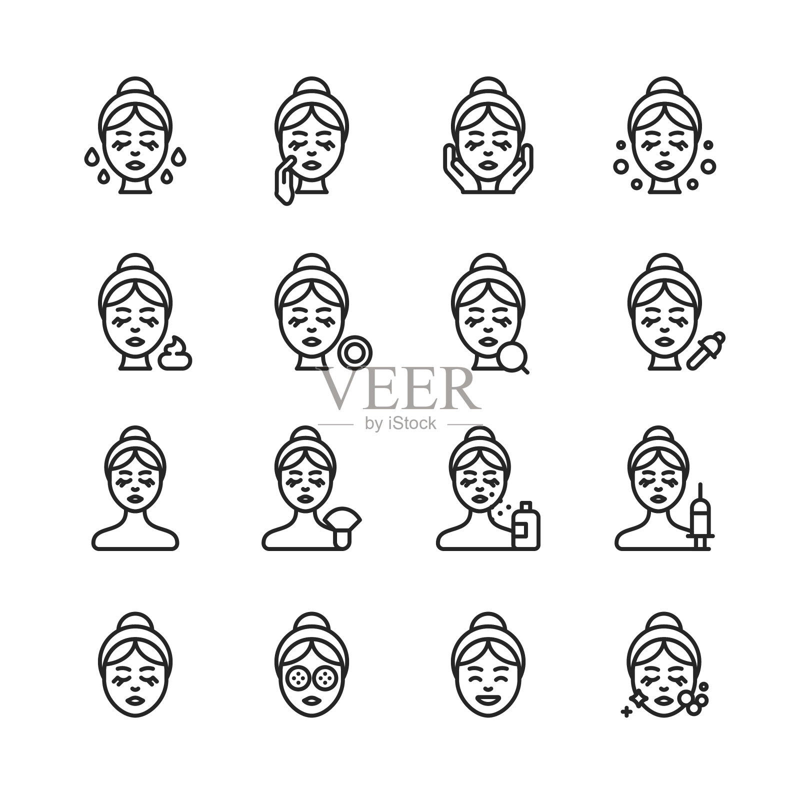 护肤系列图标。可编辑的中风。像素完美。移动和网络。包含如皮肤护理,水疗,化妆品,健康,化妆,卫生,保湿,皮肤病学,提升,沐浴,面膜,排毒,脱皮,手术,皱纹,肥皂,香水等图标。图标素材