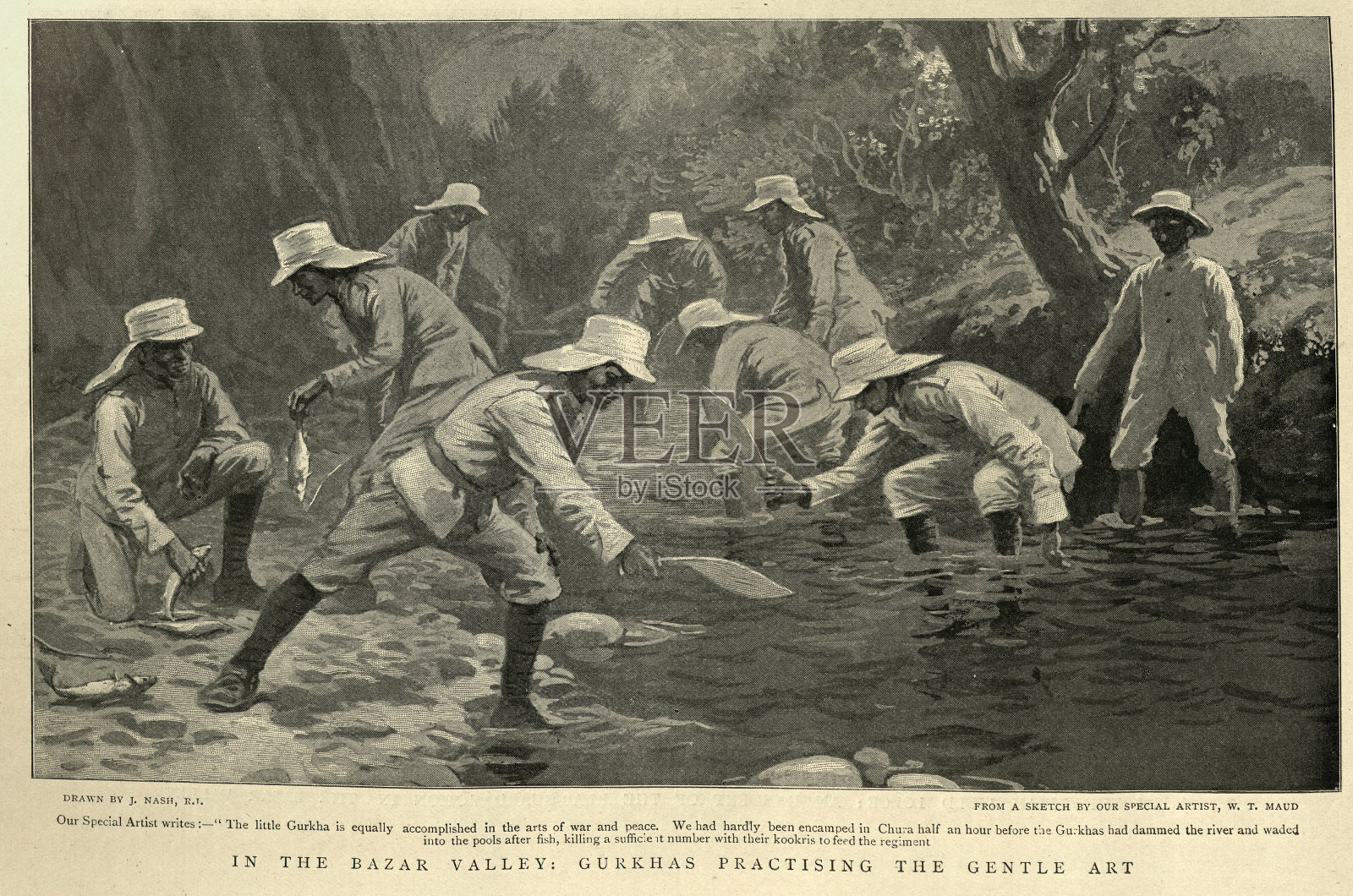 19世纪90年代,英属印度军队的廓尔喀士兵用他们的Kukri或khukuri剑捕鱼插画图片素材