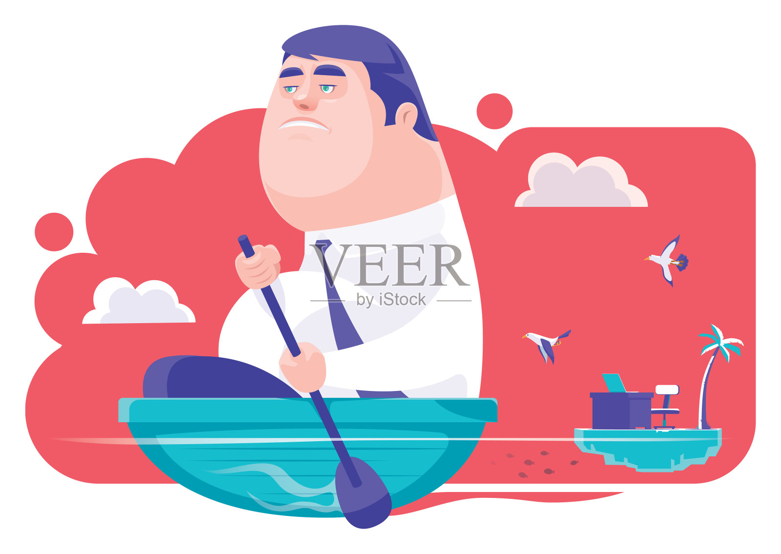 胖商人划船离开小岛插画图片素材