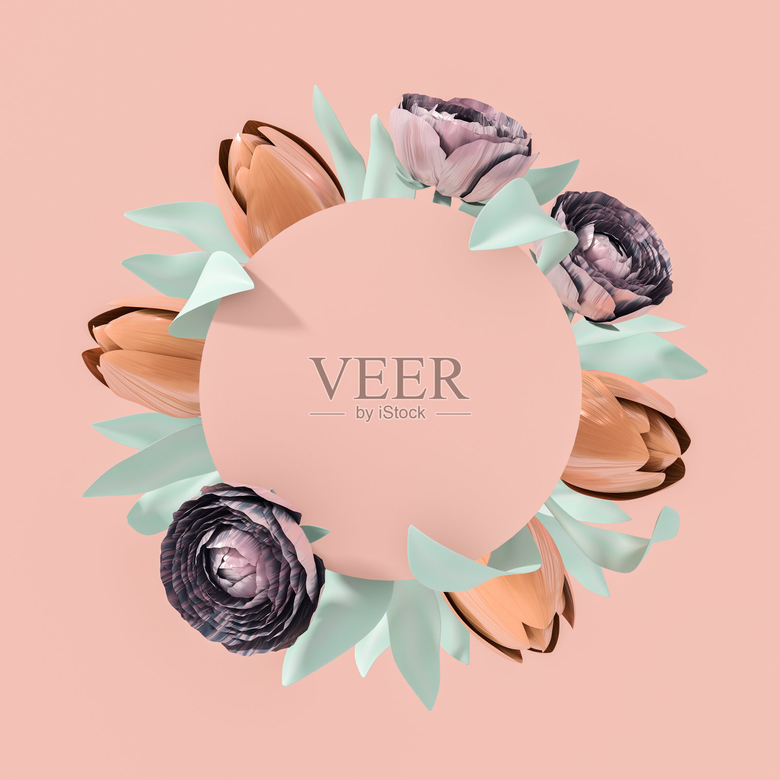 米黄色空框,镶着花。抽象的夏季作文在柔和的颜色。3 d渲染。副本的空间。照片摄影图片