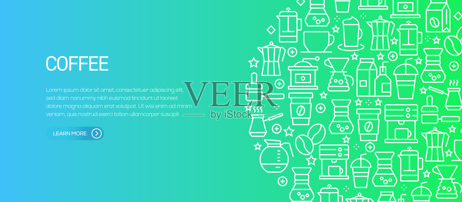 咖啡相关的横幅模板与线图标。现代矢量插图广告,标题,网站。插画图片素材