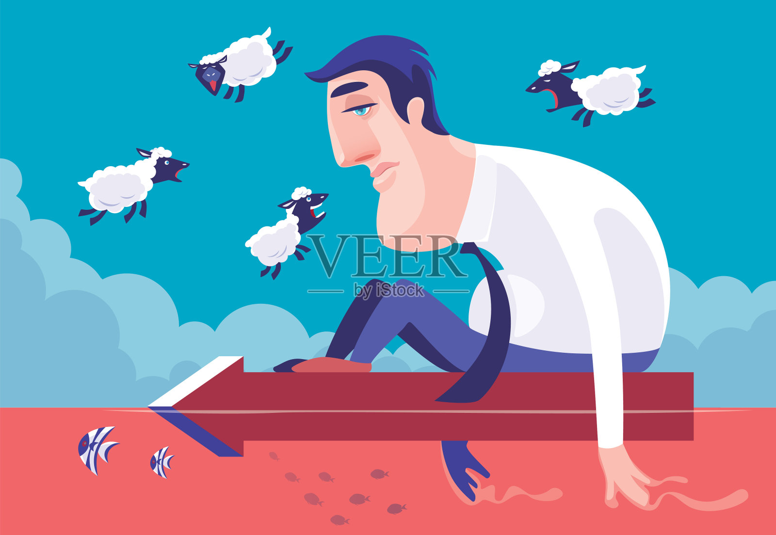 失眠的人坐在箭头符号上,周围都是吵闹的羊插画图片素材