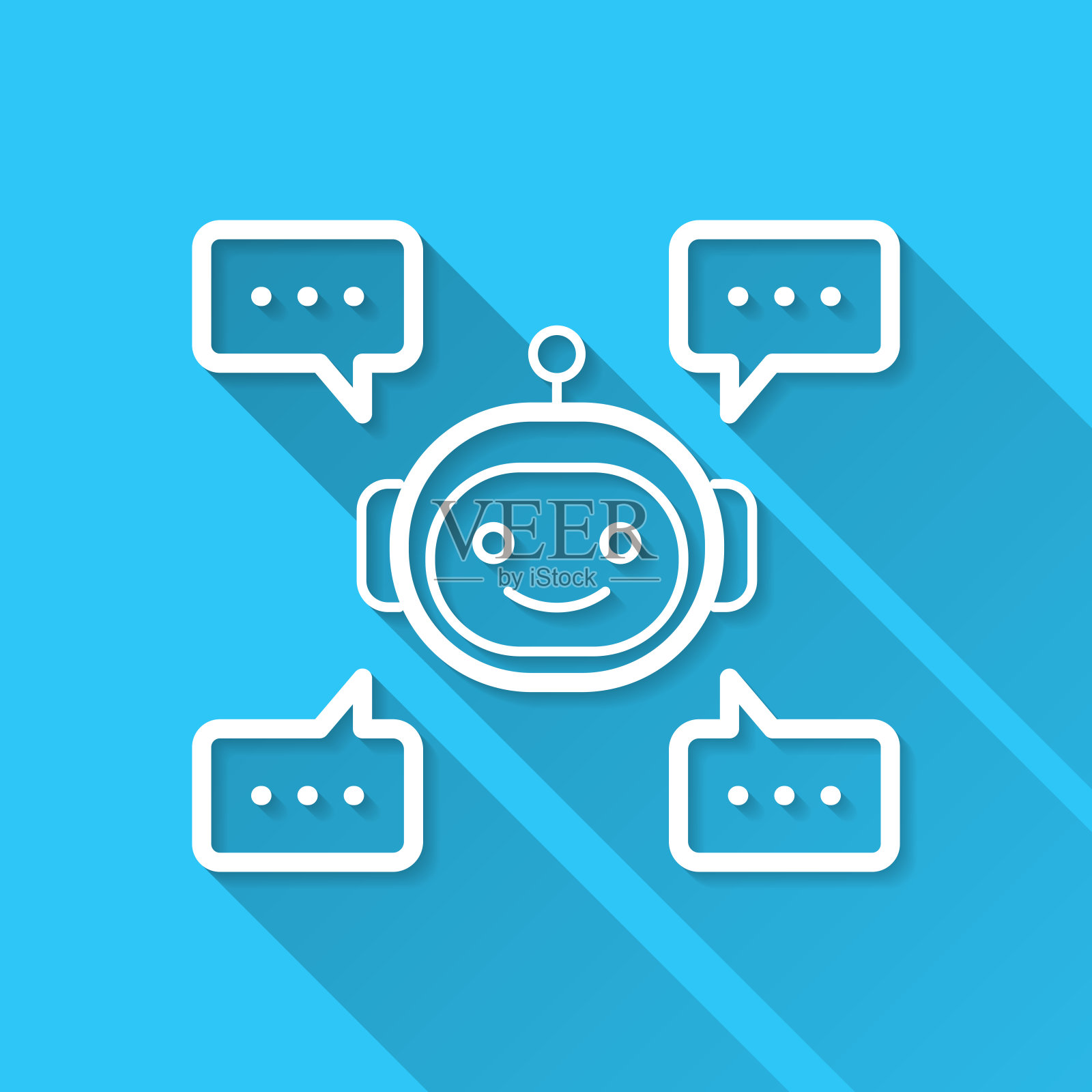 带有语音气泡的聊天机器人。图标在蓝色背景-平面设计与长阴影插画图片素材