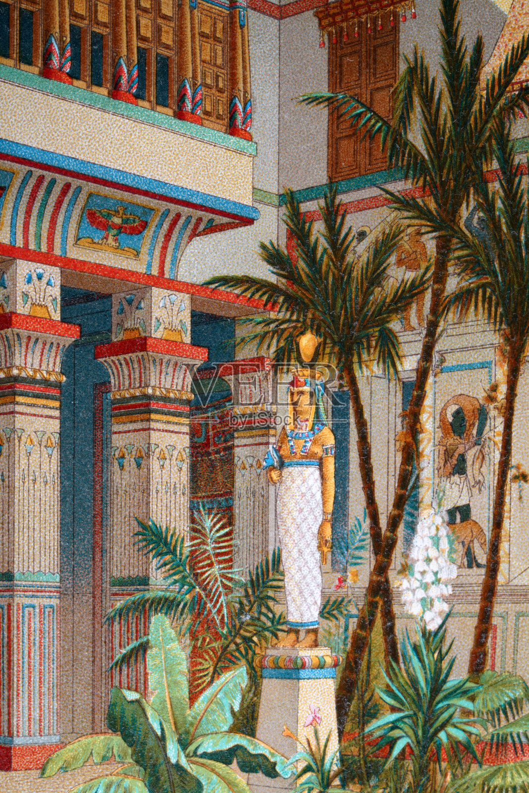 古埃及宫殿内部彩绘柱子棕榈树细节插画图片素材