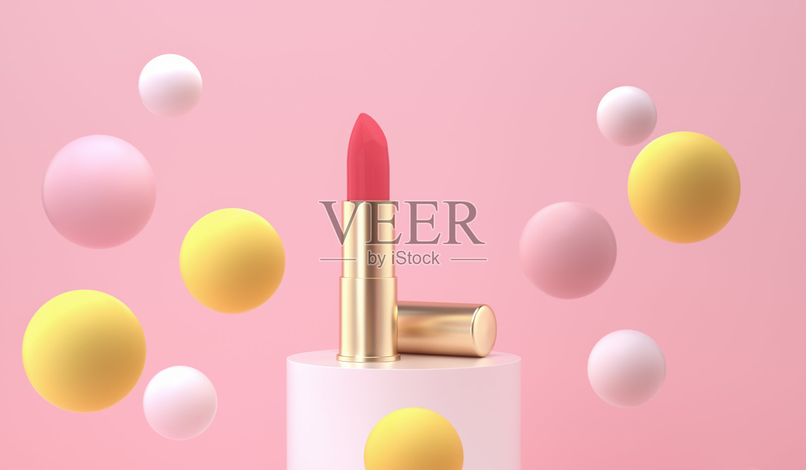 讲台上的口红和周围的彩球。青少年文化的概念。照片摄影图片