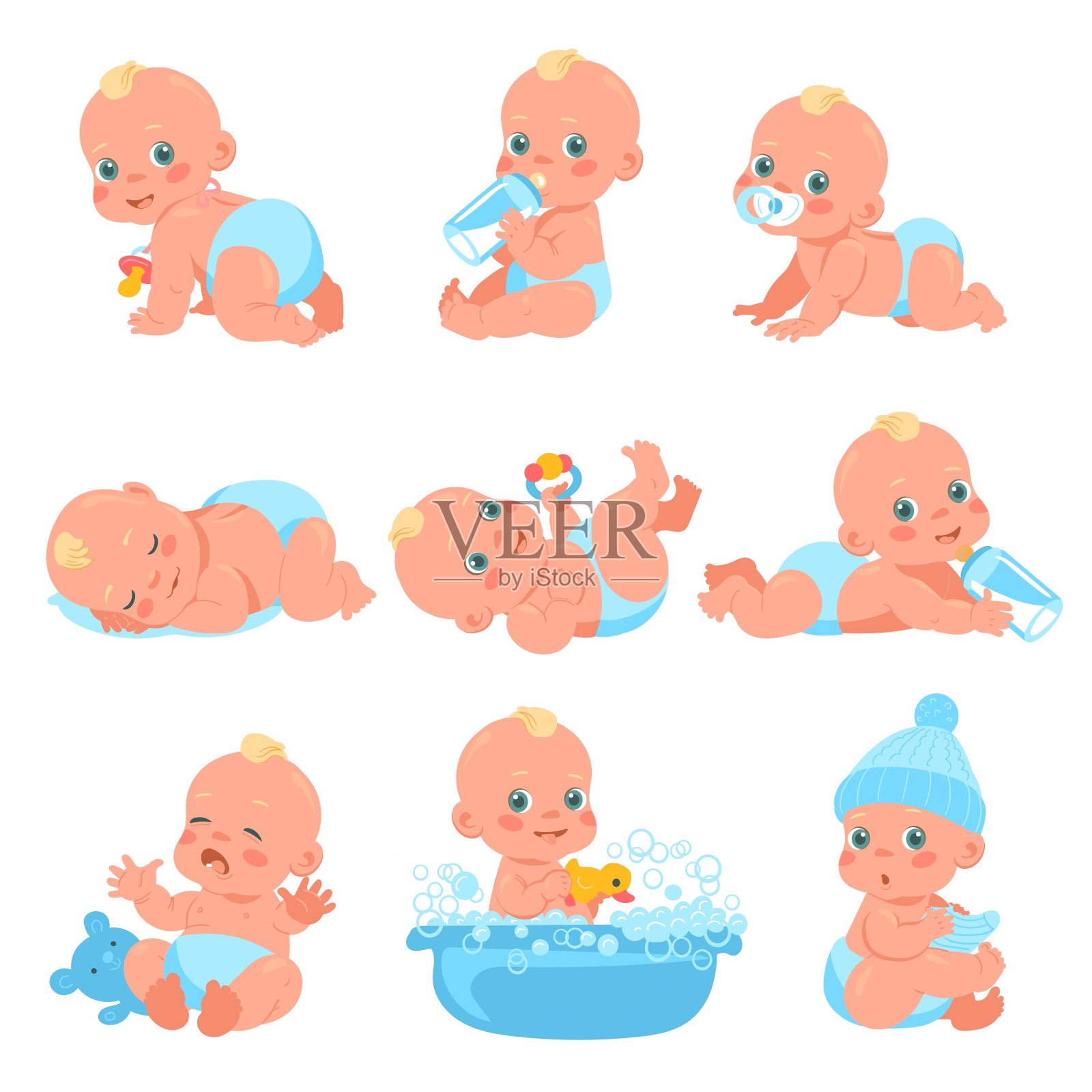 刚出生的男婴。穿着尿布的小孩。不同的情绪和日常行为。婴儿进食或洗澡。孩子睡觉,玩玩具。幼年时代。矢量搞笑幼儿套装插画图片素材