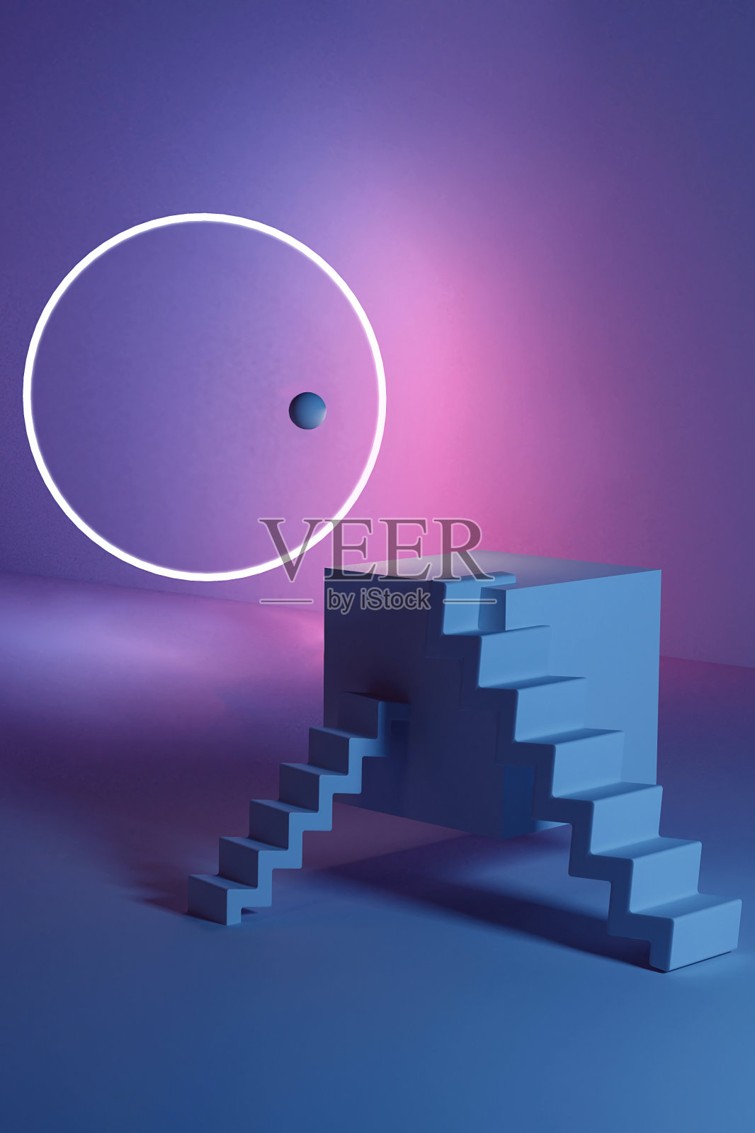 抽象的角落构图,裙台和楼梯,霓虹灯,圆圈和球,蓝色背景上几何形状的3D插图。照片摄影图片