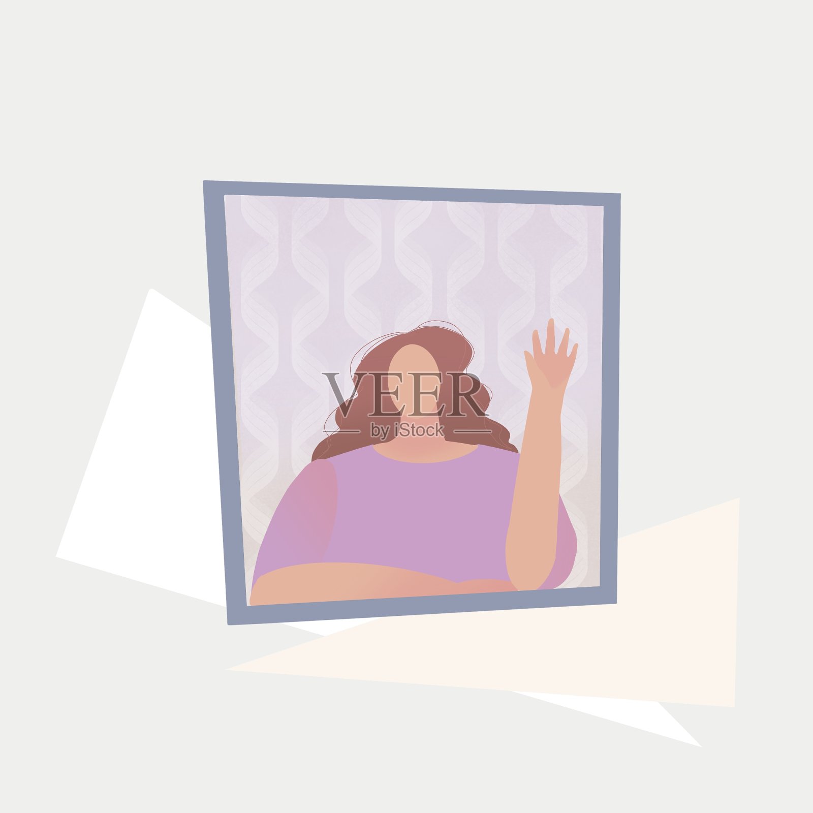 一个女人从里到外挥手。插画图片素材