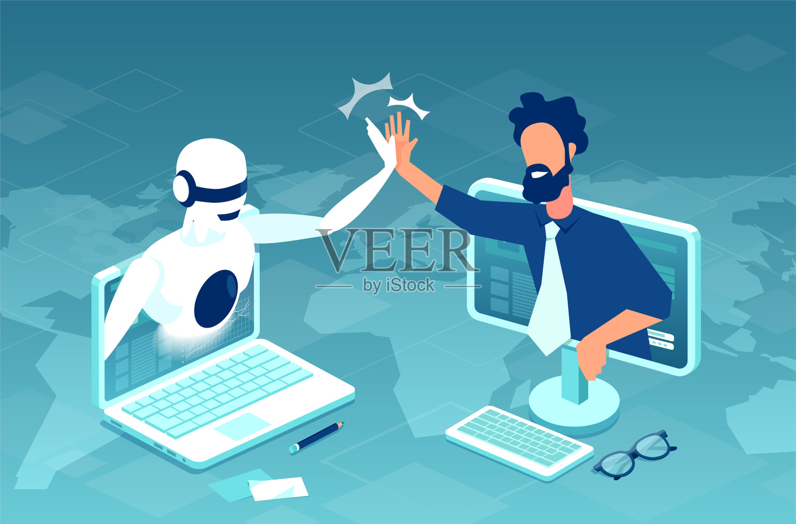 矢量人工智能,机器人与商人合作插画图片素材