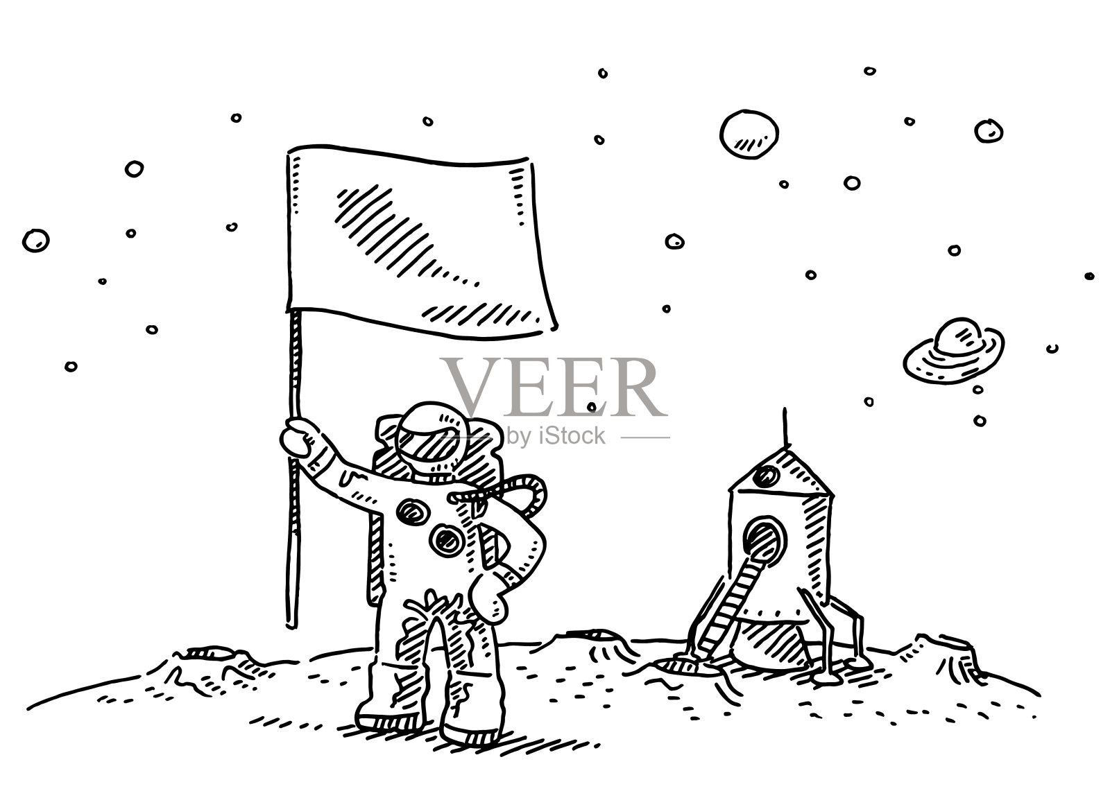 宇航员登陆月球的旗帜画插画图片素材