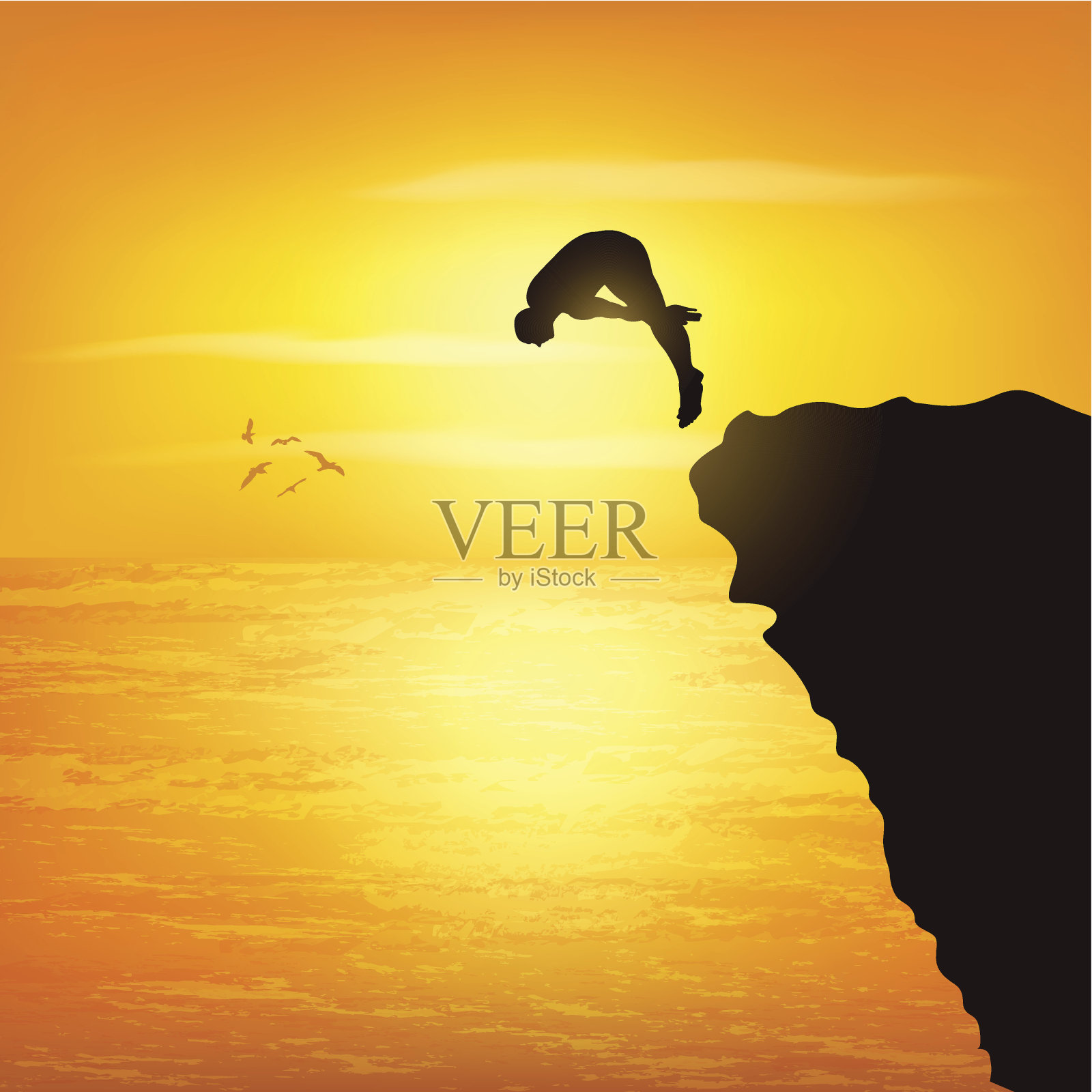 一个人从岩石上跳下来的画面插画图片素材