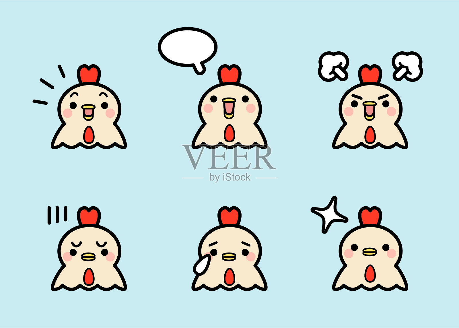 可爱的公鸡图标集与六个面部表情的颜色柔和色调插画图片素材