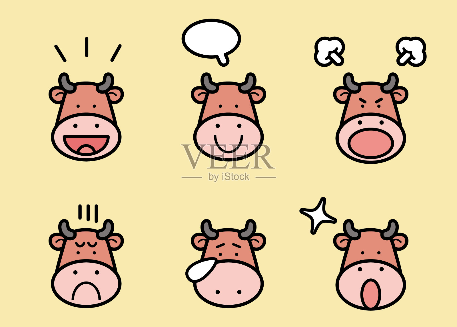 可爱的牛图标集与六个面部表情的颜色柔和色调插画图片素材