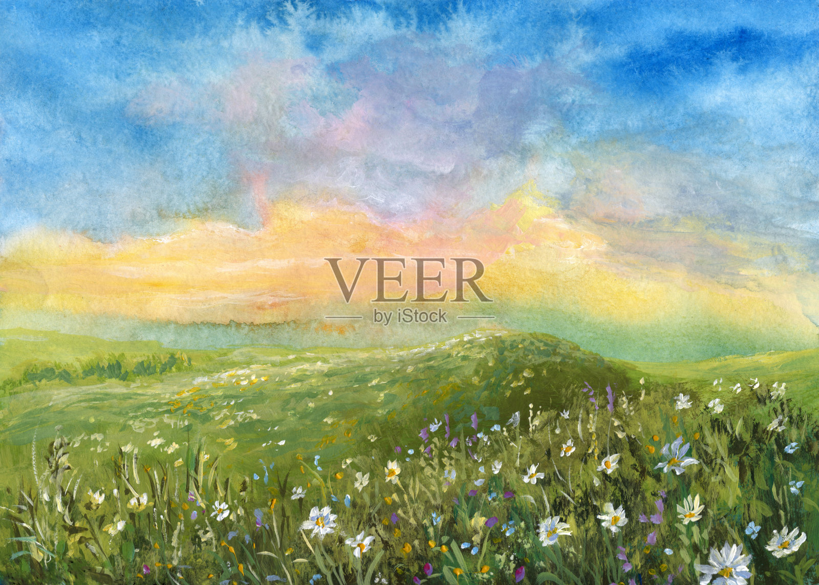 夏天水彩风景插画图片素材