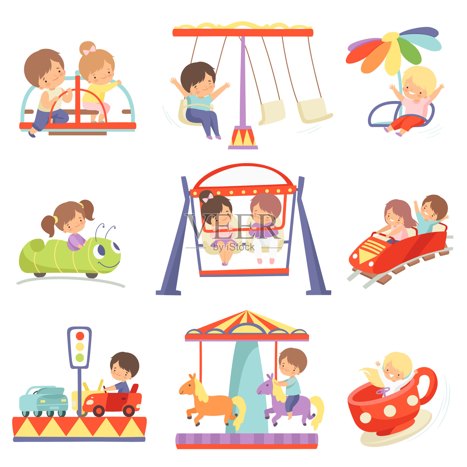 可爱的男孩和女孩在旋转木马上玩得很开心插画图片素材