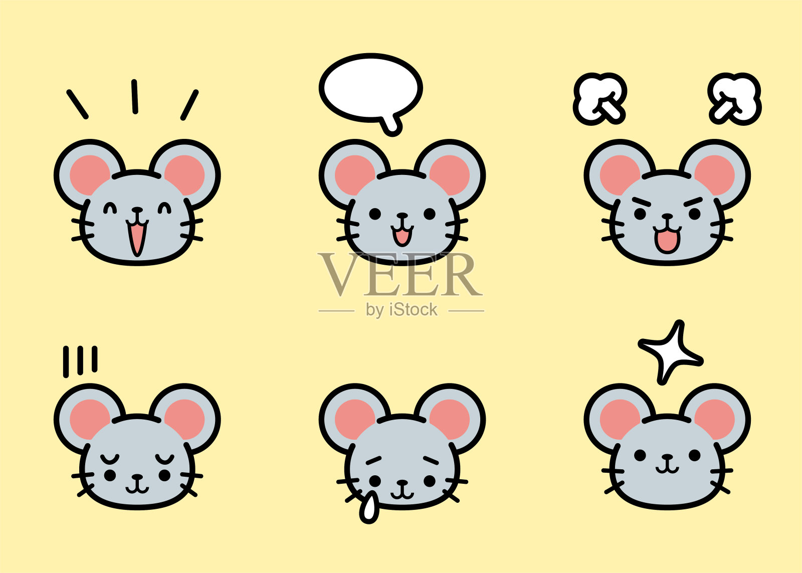 可爱的小老鼠(鼠标)图标集与六个面部表情的颜色柔和色调插画图片素材