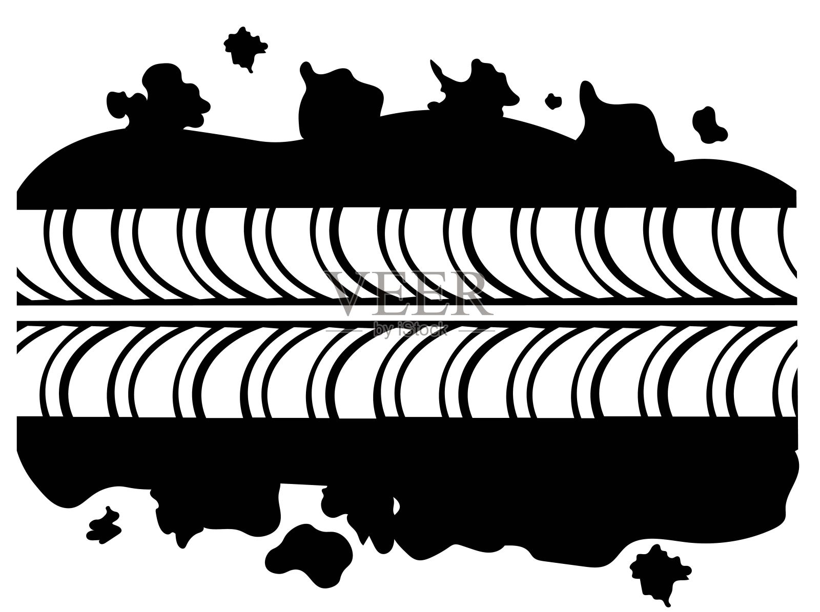 黑色和白色的越野轮胎痕迹。矢量汽车车轮打印插画图片素材