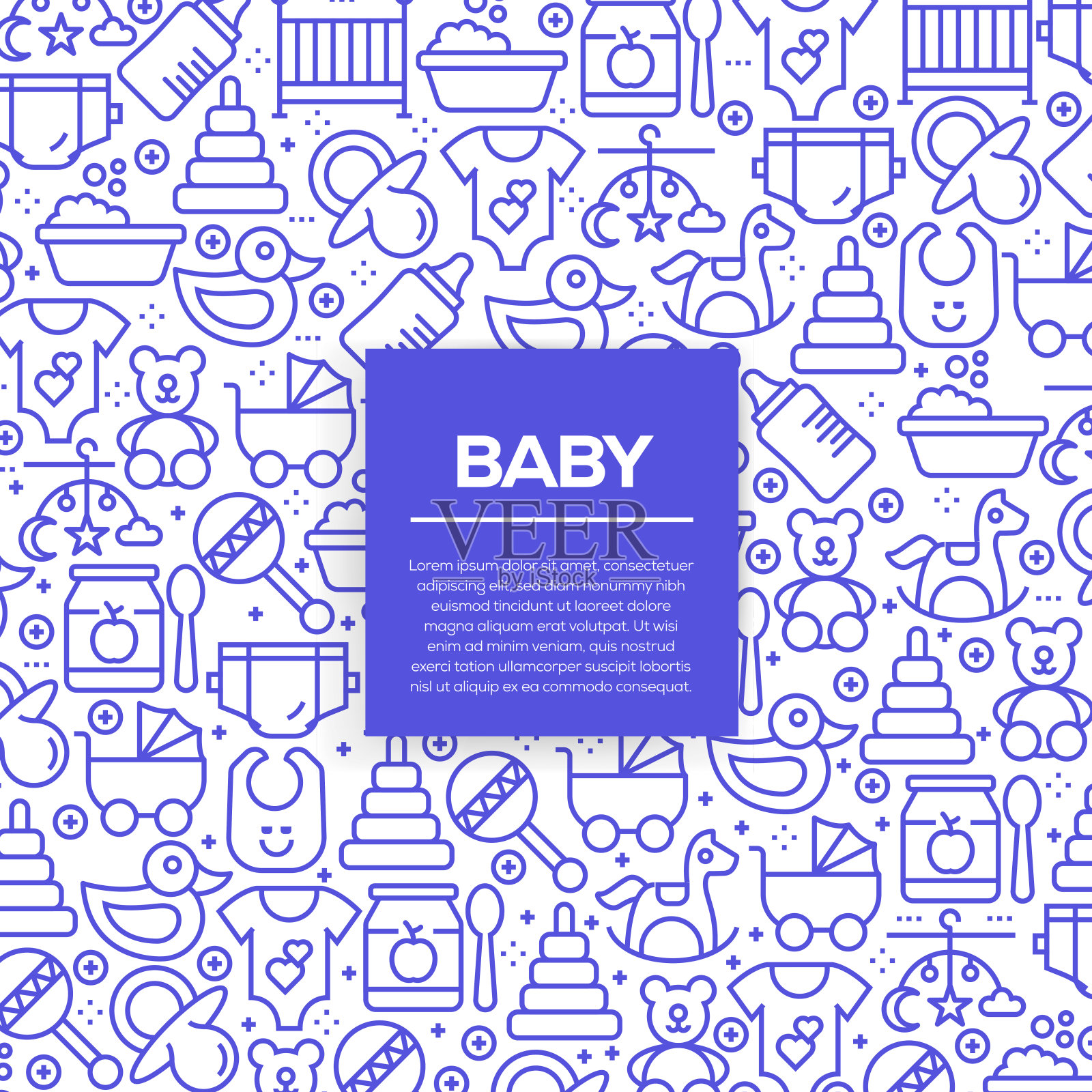 矢量集的设计模板和元素的婴儿在新潮的线性风格-无缝模式与线性图标有关的婴儿-矢量插画图片素材