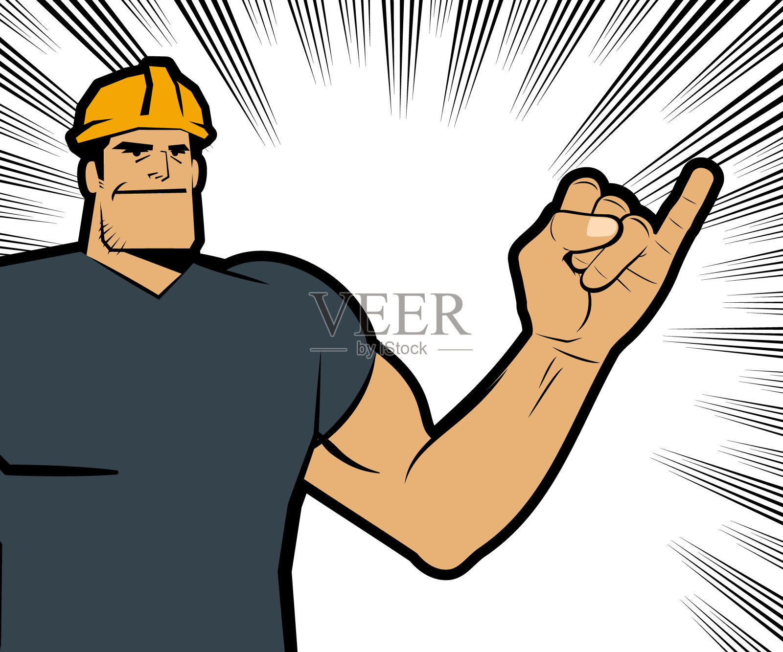 戴着安全帽的健壮工人微笑地伸出小指,表示拉钩或约定,背景有漫画效果线插画图片素材