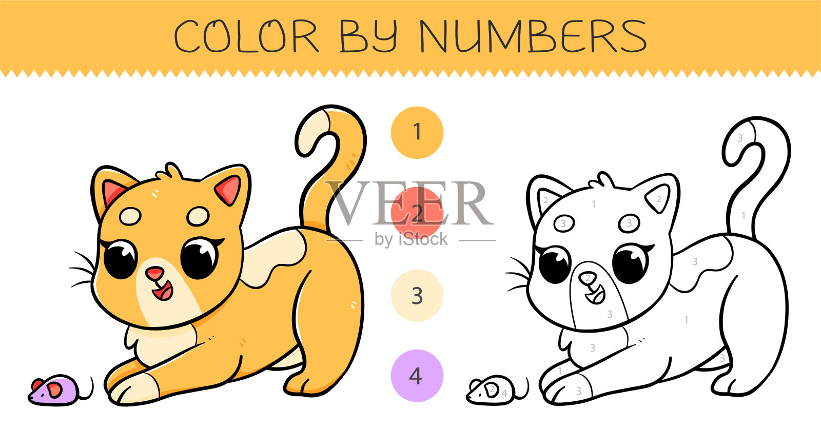 给孩子们配上可爱的猫咪的数字着色书。着色页与卡通猫与一个例子着色。单色和彩色版本。矢量插图。插画图片素材