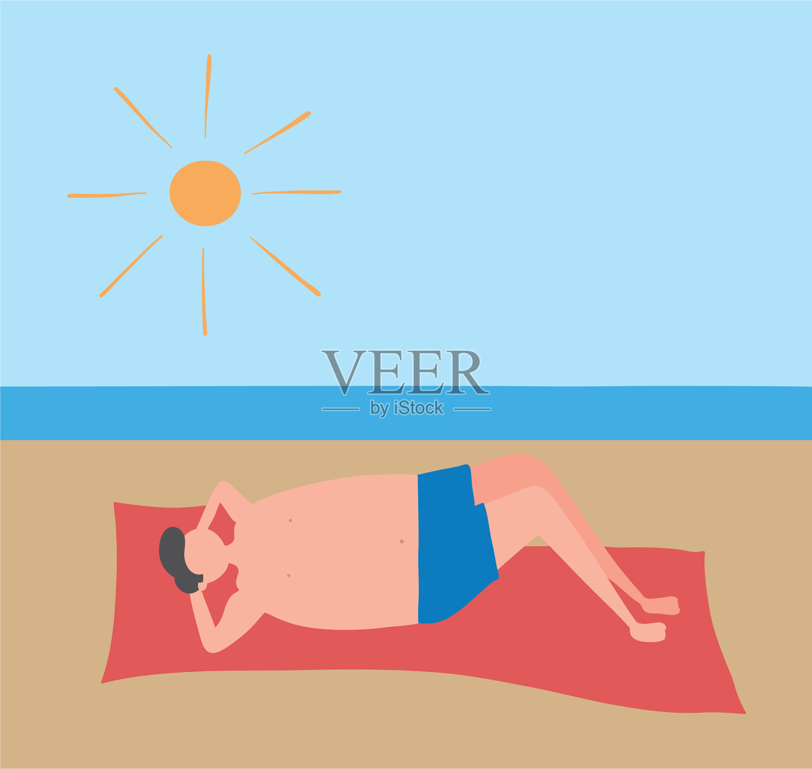 躺在沙滩上的男人是手绘的插画图片素材