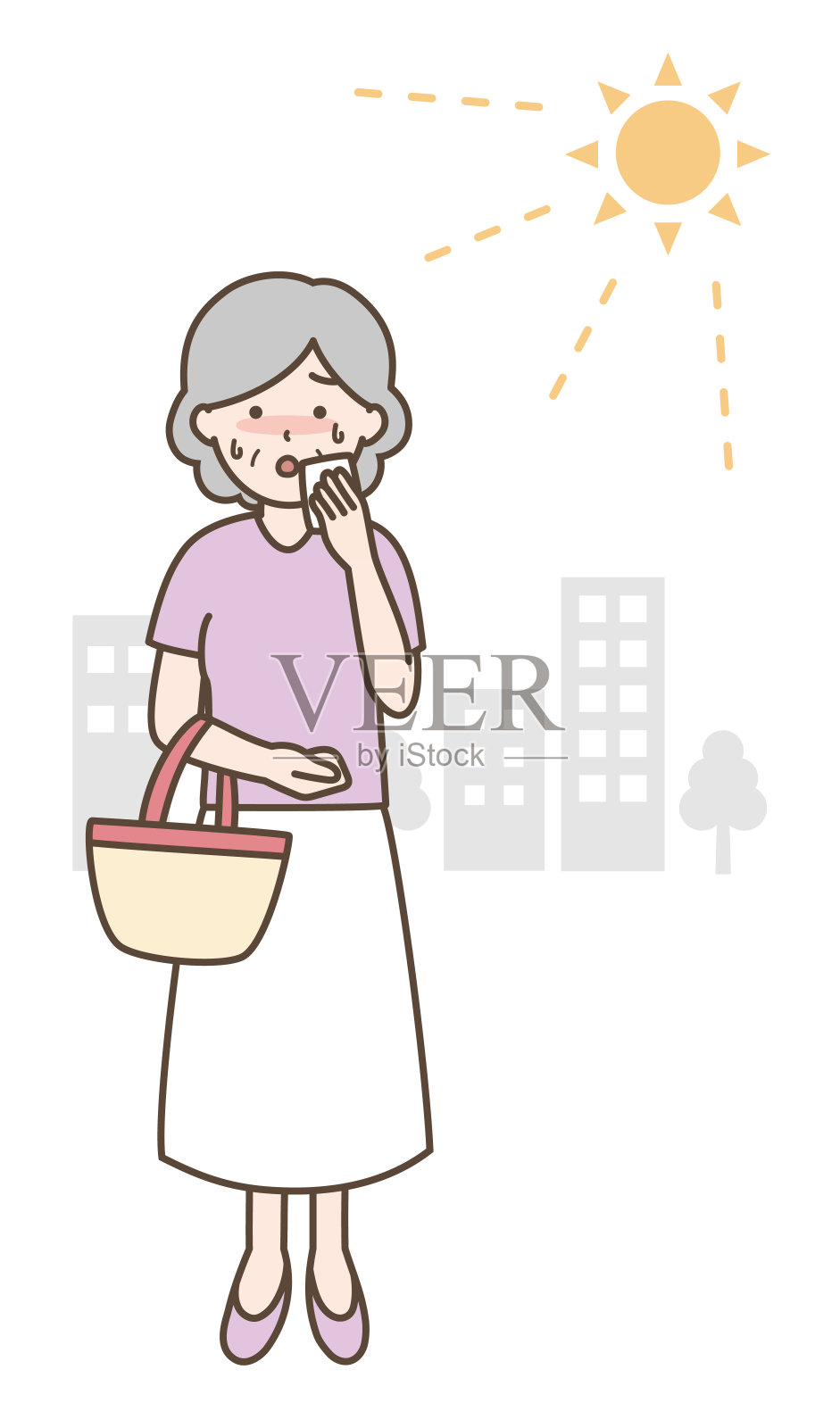 一位老妇人在阳光下汗流浃背的插图插画图片素材