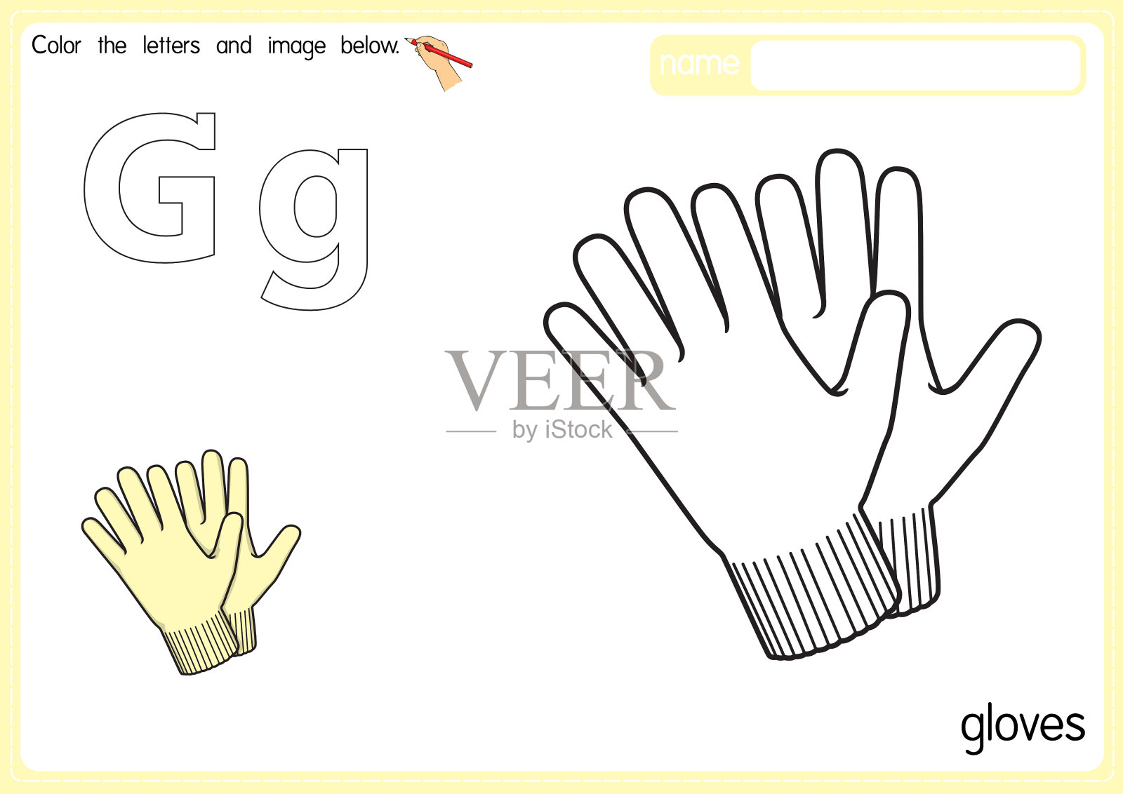 矢量插图的儿童字母着色书页与概述剪贴画,以颜色。字母G代表手套。插画图片素材