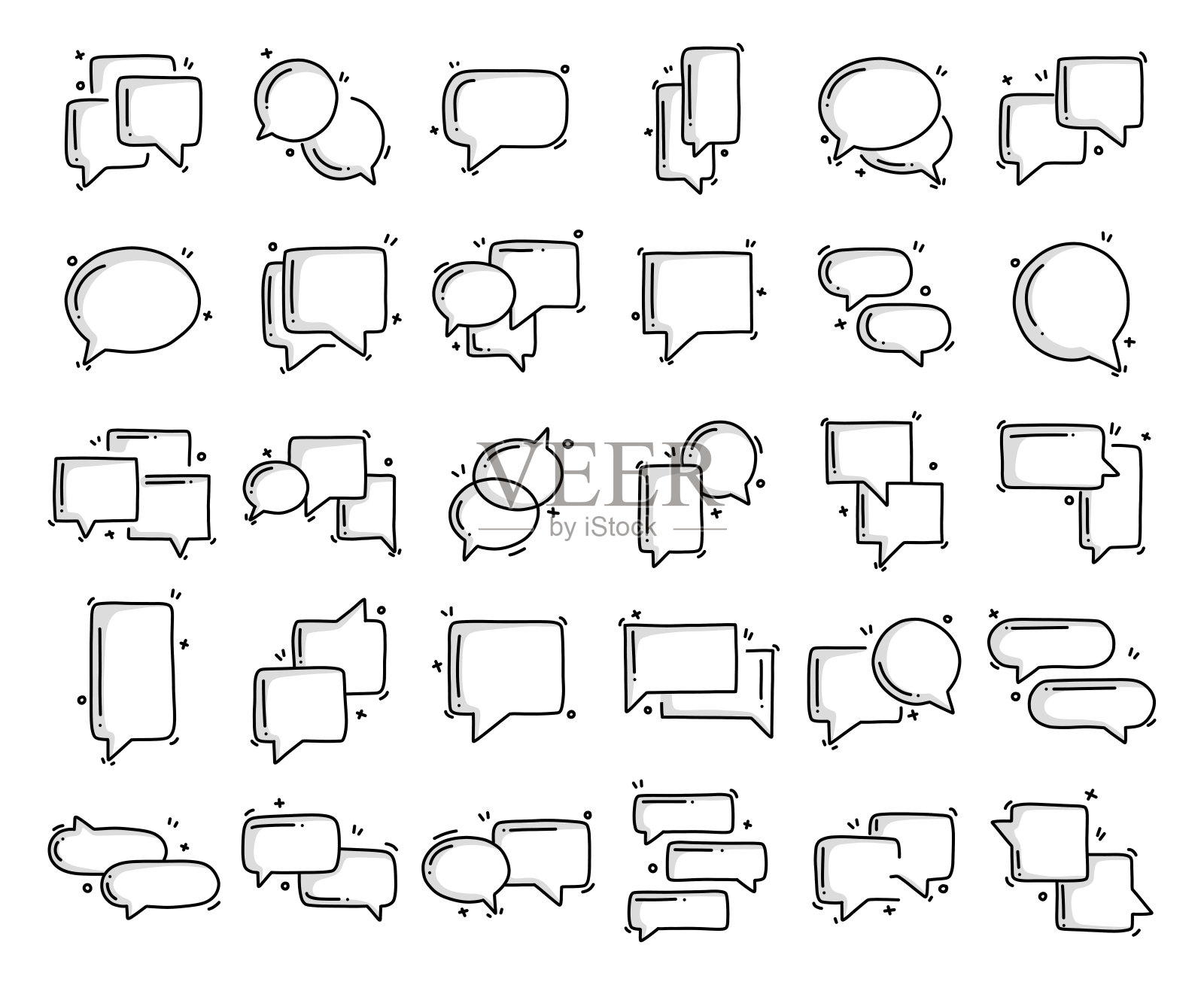 与语音气泡相关的对象和元素。手绘矢量涂鸦插图集。手绘图标集。插画图片素材