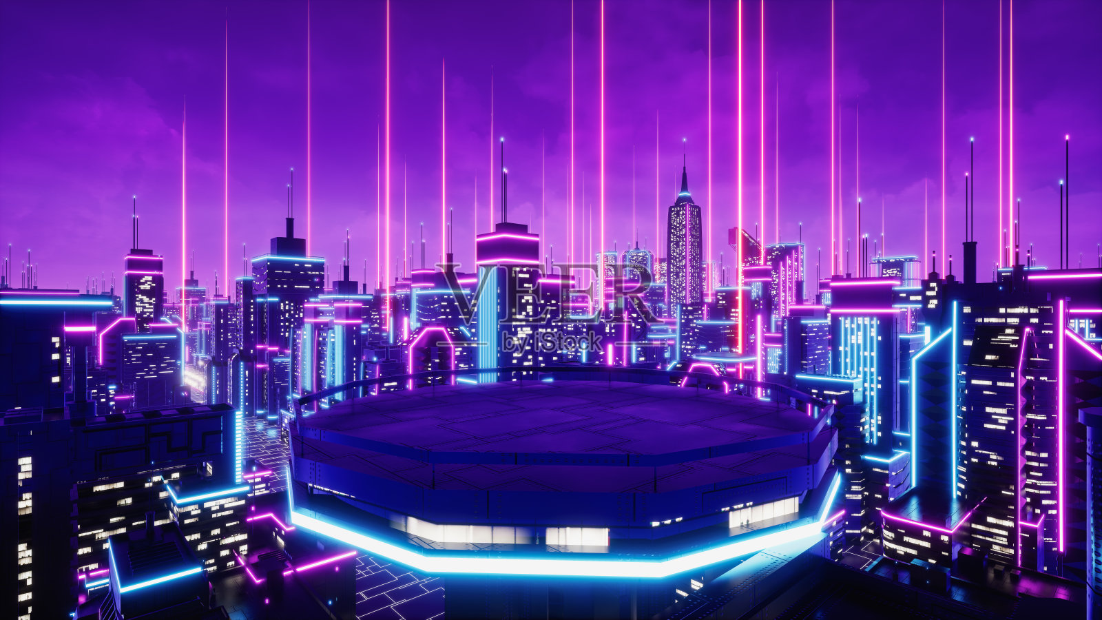 霓虹灯城市的屋顶视图,3d渲染照片摄影图片