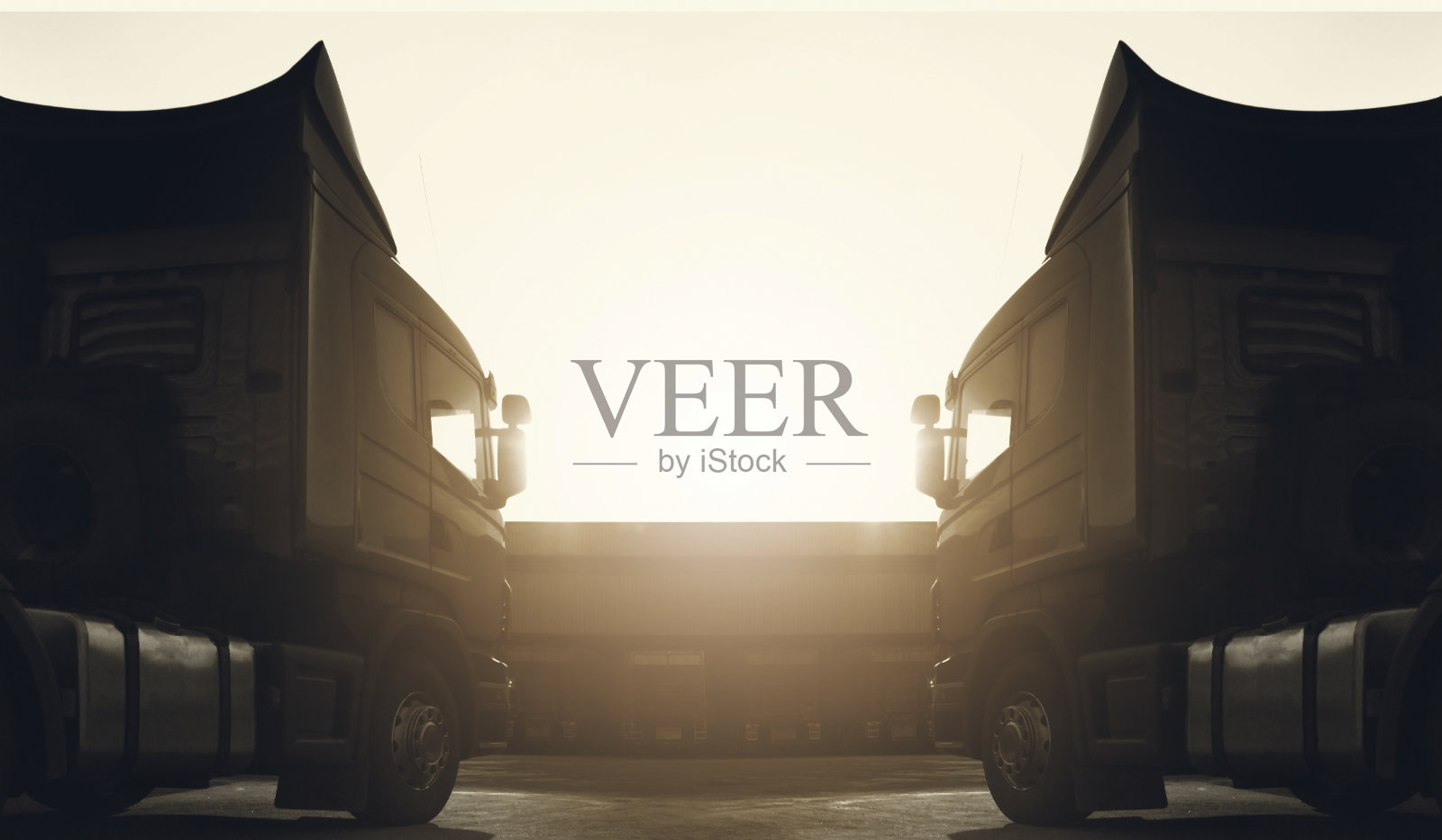 夕阳下停在仓库的半挂车。运输卡车。引擎柴油卡车。卡车。工业货运卡车物流货物运输。照片摄影图片