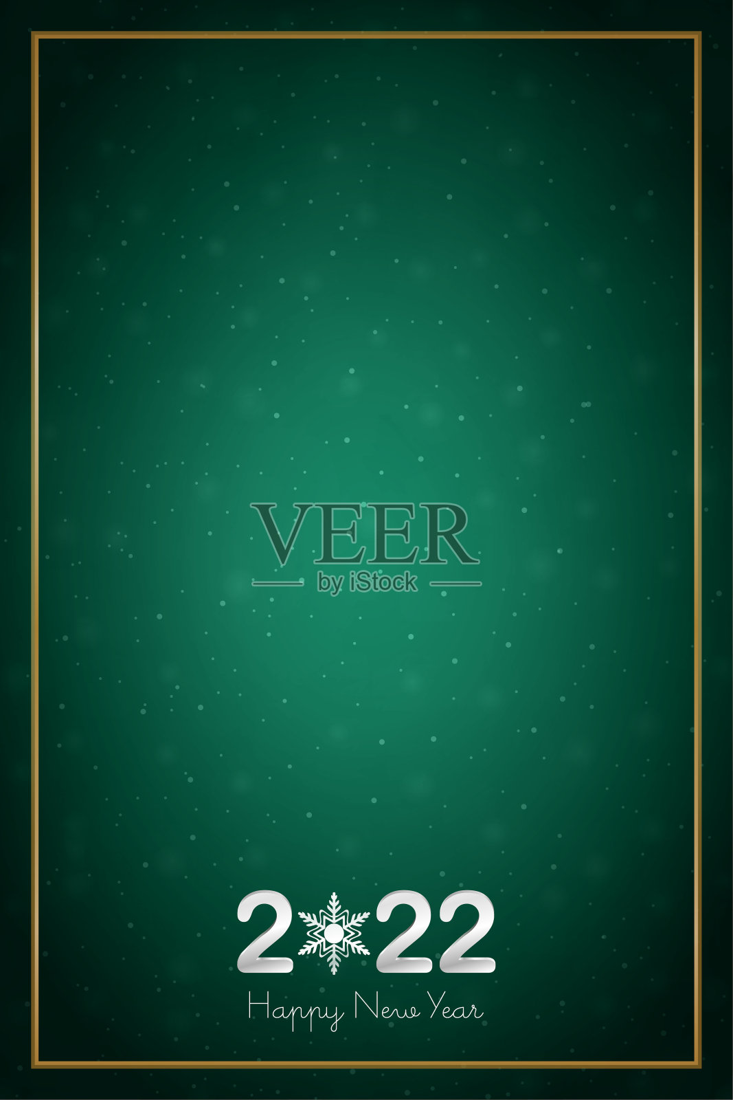 银色金属白色三维或三维文本2022和Happy New Year在黑暗明亮的绿色垂直节日发光闪闪的模糊矢量背景与圣诞雪花形状和金色边框插画图片素材